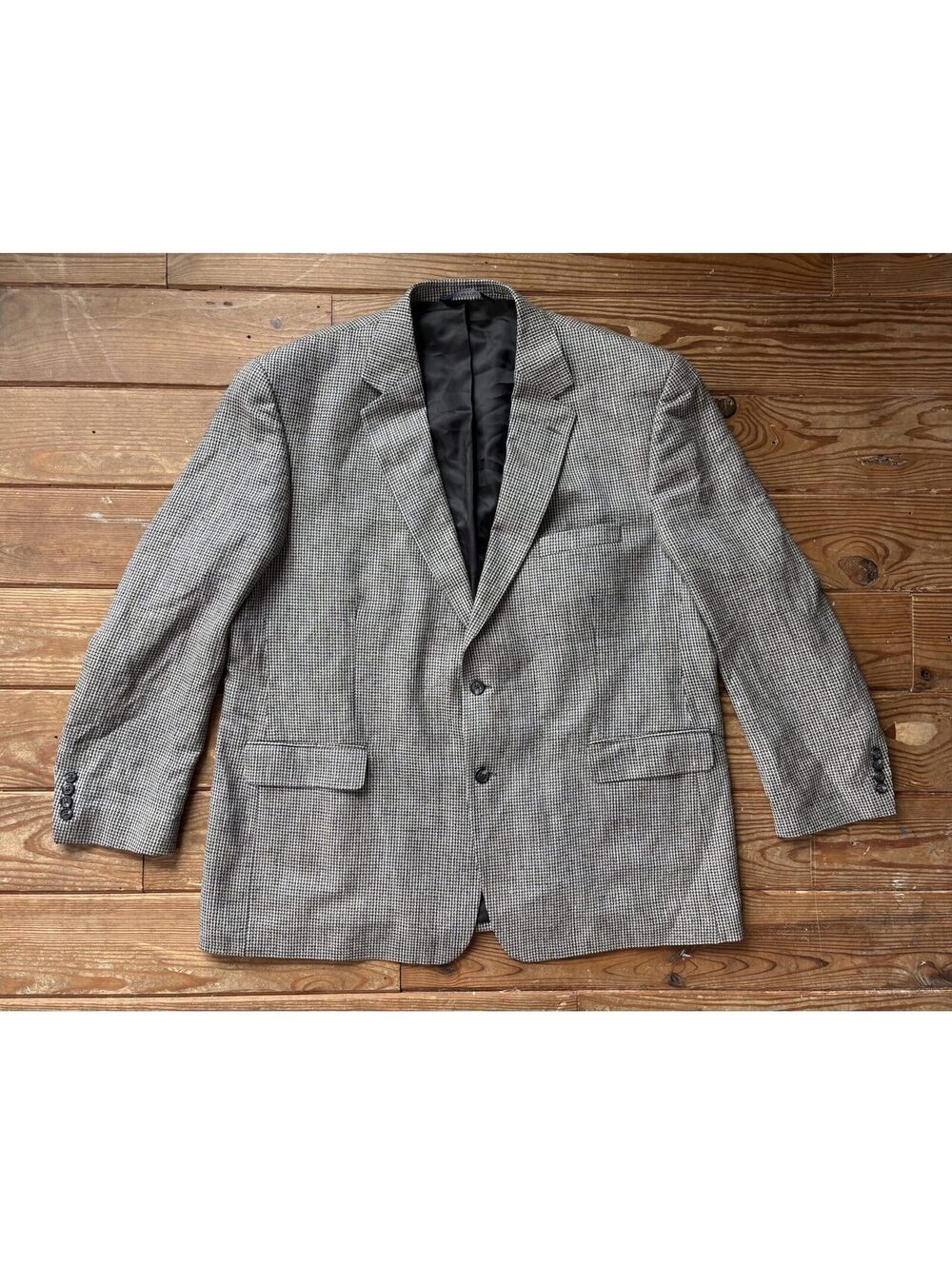 Stafford Men’s 50R 100% Silk Blazer Black White Houndstooth Sport Coat